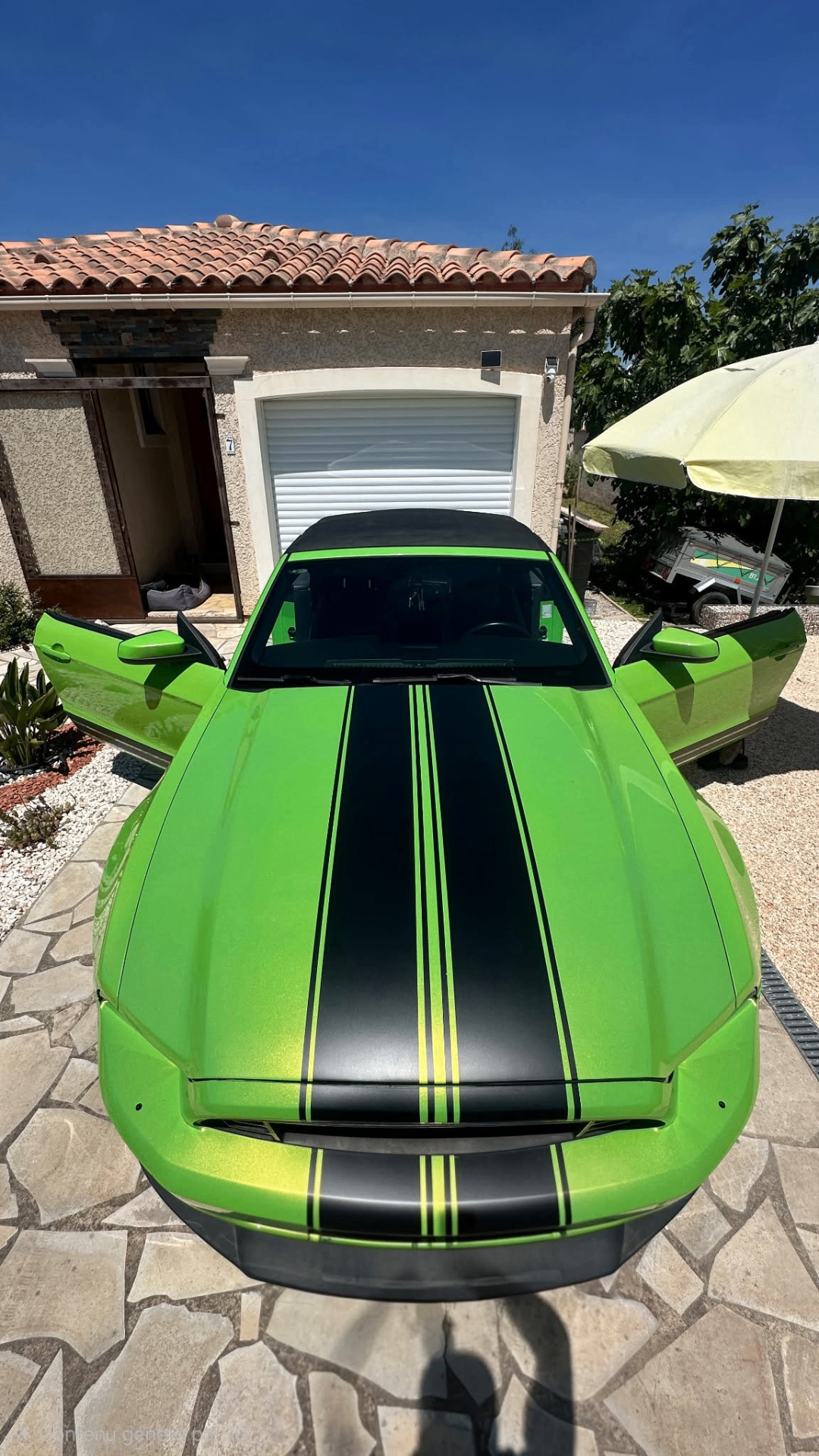 Ford Mustang verte avec bandes noires nettoyée et lustrée de face